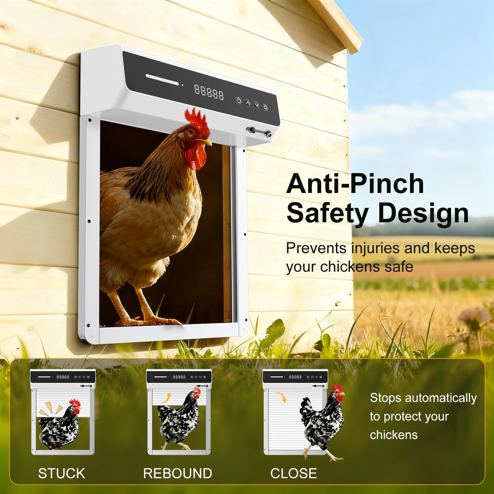 Mowei Automatic Chicken Coop Door Solar Battery Powered Weatherproof Aluminum