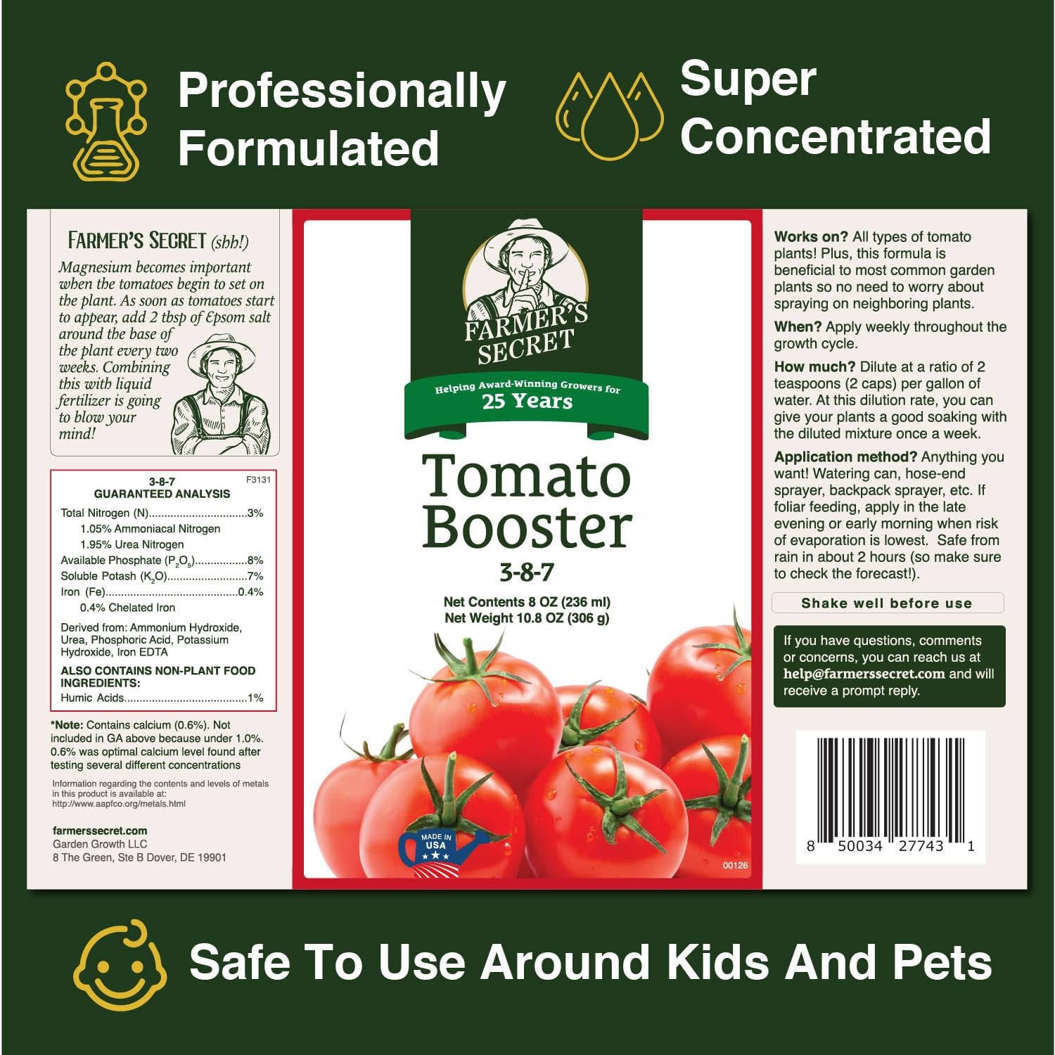 Farmer’s Secret Tomato Booster Fertilizer – Super Concentrated – 3:8:7 8oz
