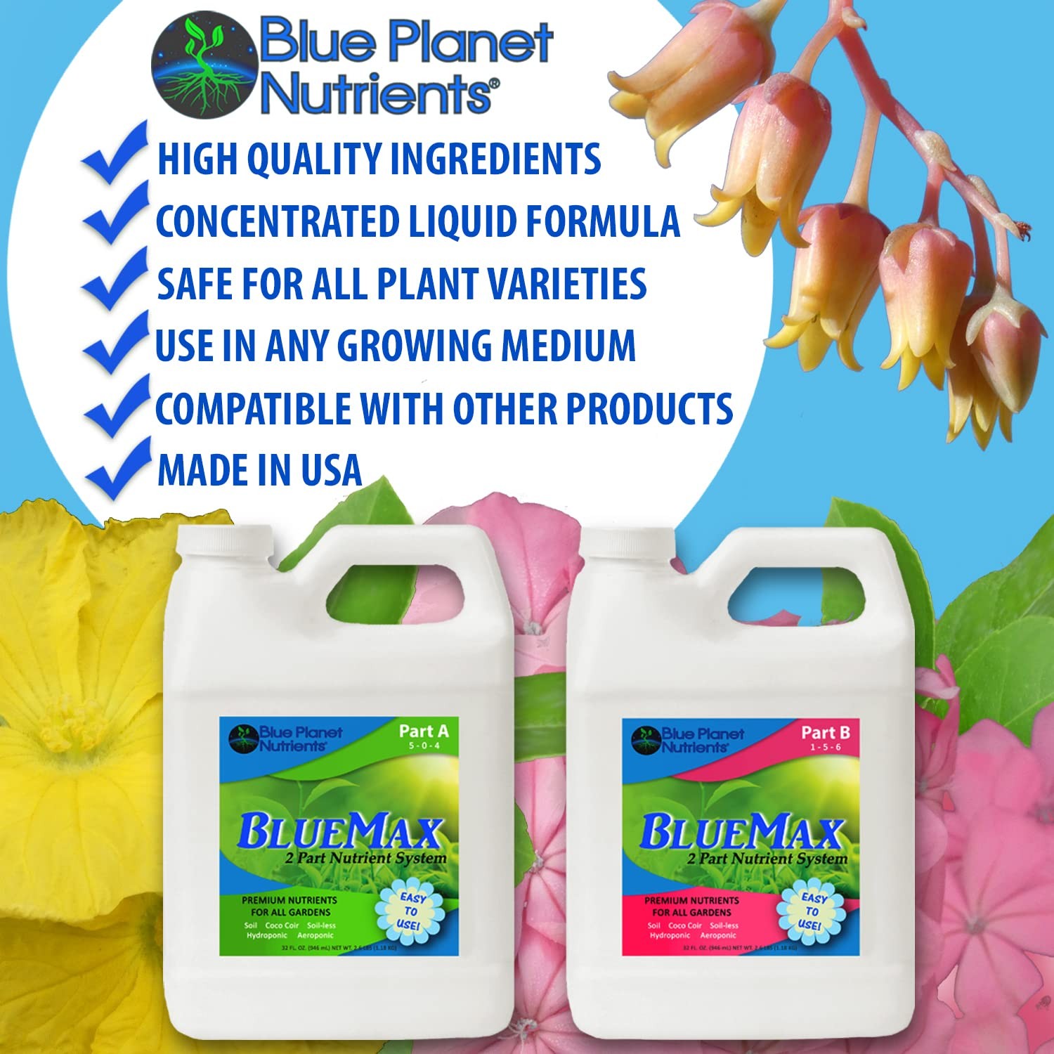 BlueMax 2 Part Fertilizer (32 oz Jugs) Quart | Complete Plant Food Base Nutrient