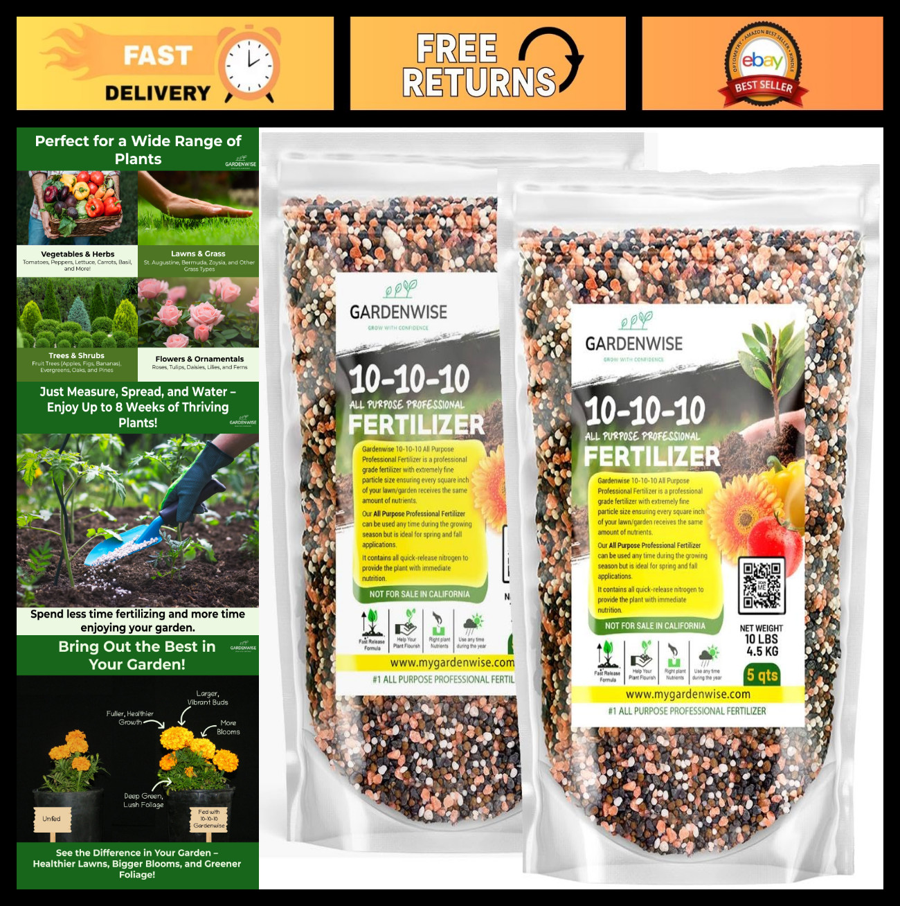 All-Purpose 10-10-10 Fertilizer for Indoor/Outdoor Plants, Trees, Flowers & Lawn