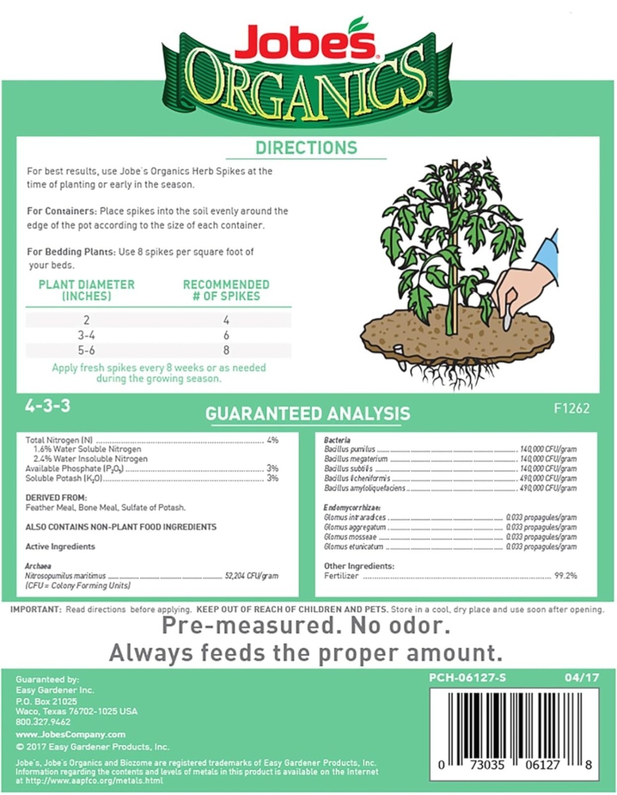 Jobe’s Organics Herb Plant Food Spikes 50 Count Fertilizer 4-3-3 Biozome No Odor
