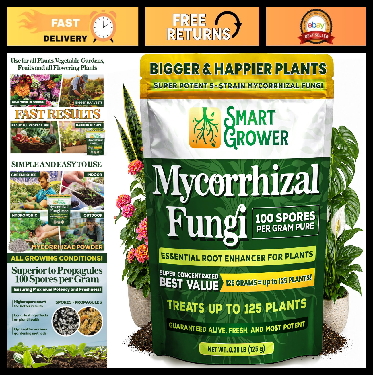 Organic Mycorrhizal Fungi Root Enhancer – 100 Spores/g, 5-Strain Blend, 125g for