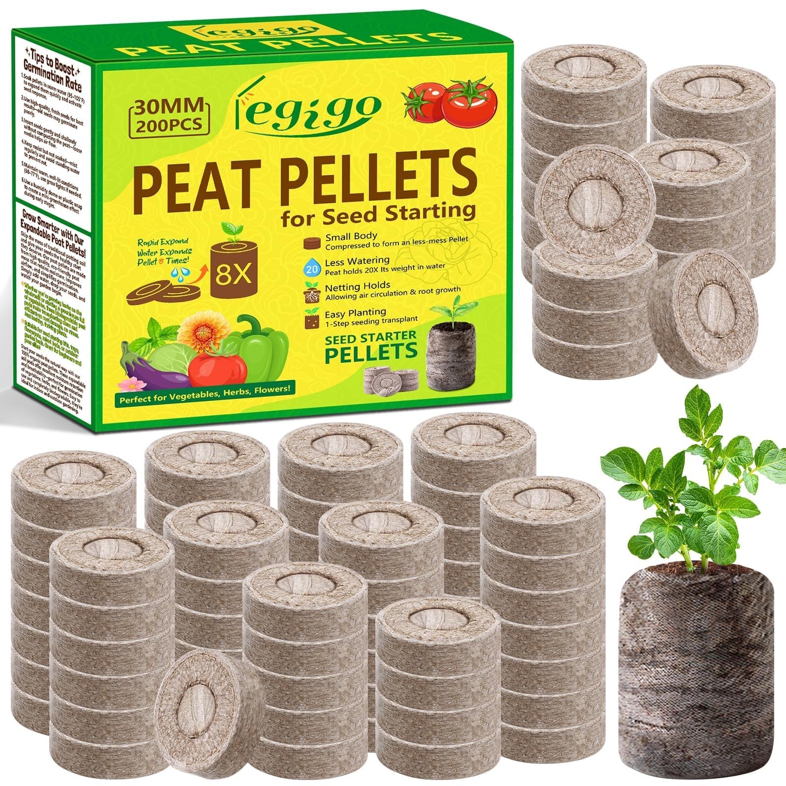 200 Pcs 30mm Seed Starter Peat Pellets, Compressed Soil Pods for Garden Seeds &