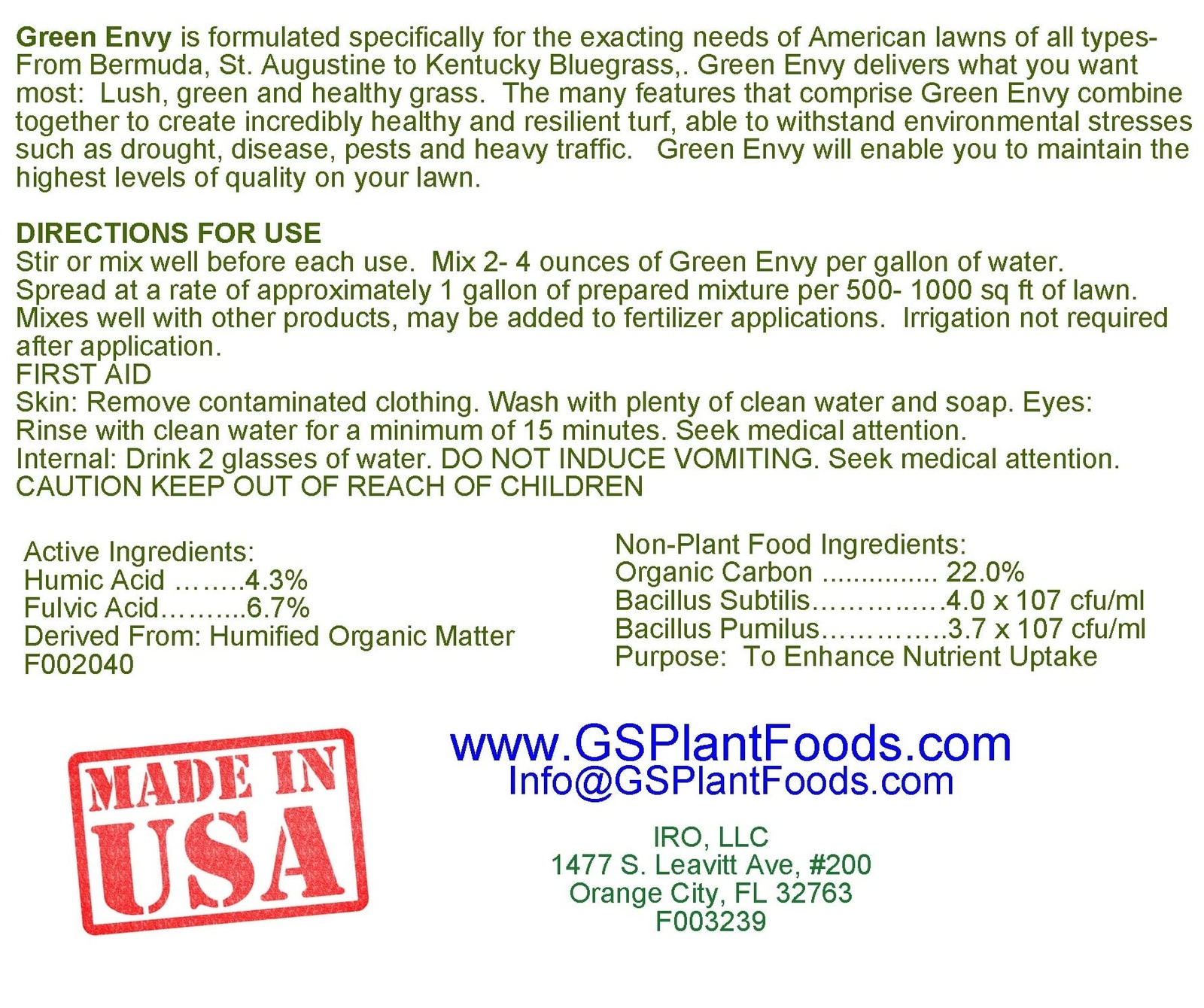 Green Envy Liquid Lawn Food / Fertilizer Concentrate For Any Grass Type 1 Gallo