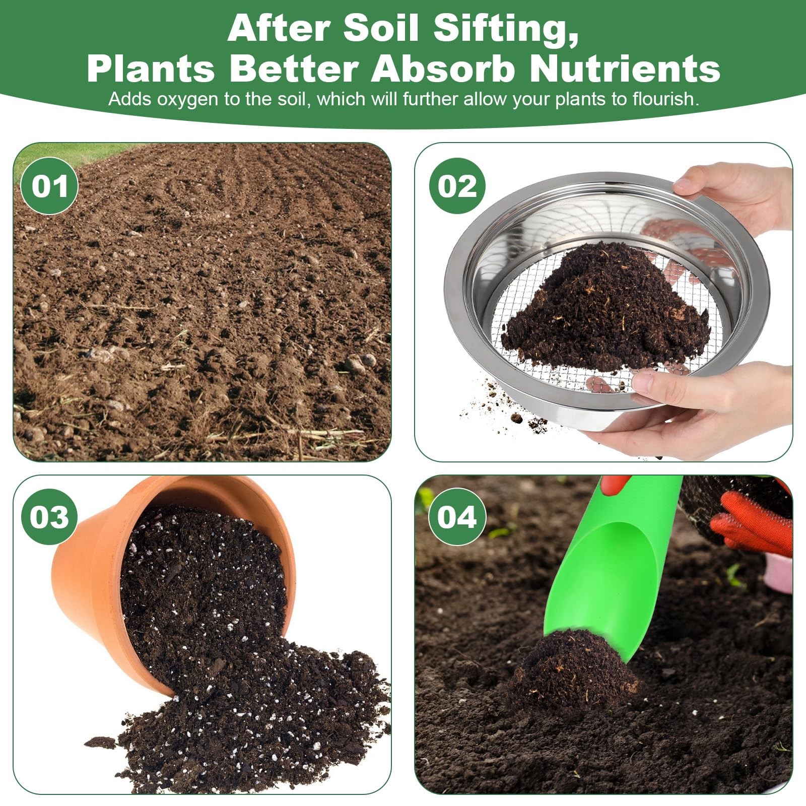 Soil Sieve Set Garden Soils Sifter Stainless Steel 9.5 x 2.36 Inch, SILVER