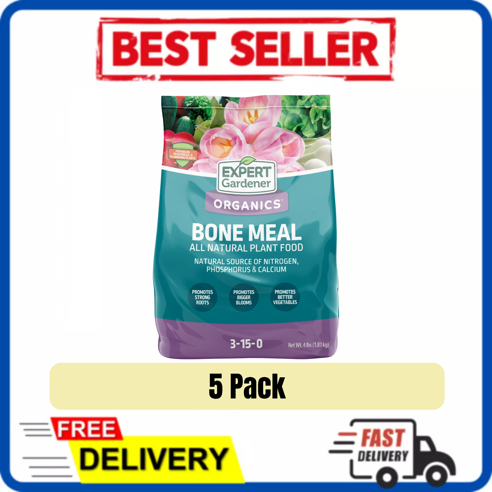 5 Pack Expert Gardener Bone Meal Plant Food 3-15-0 Fertilizer 4lb Bags 20 lbs
