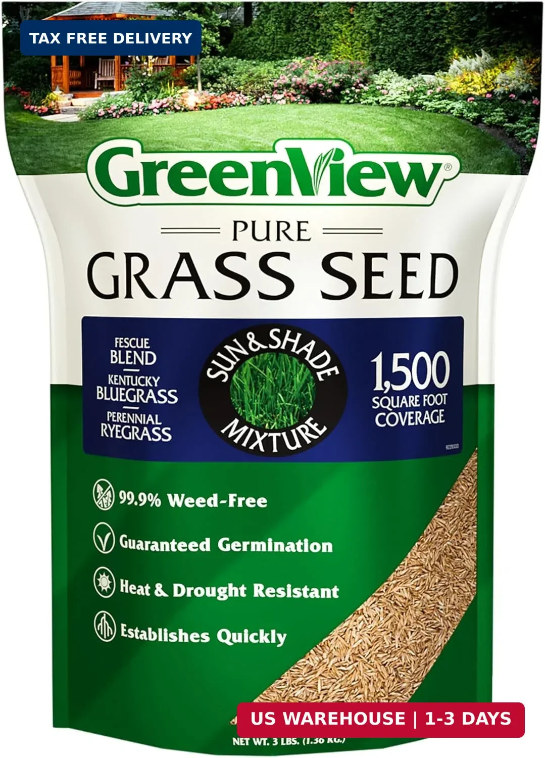 GreenView Pure Grass Seed Sun & Shade Mixture, 3 lb. Bag – Covers up to 1,500 sq