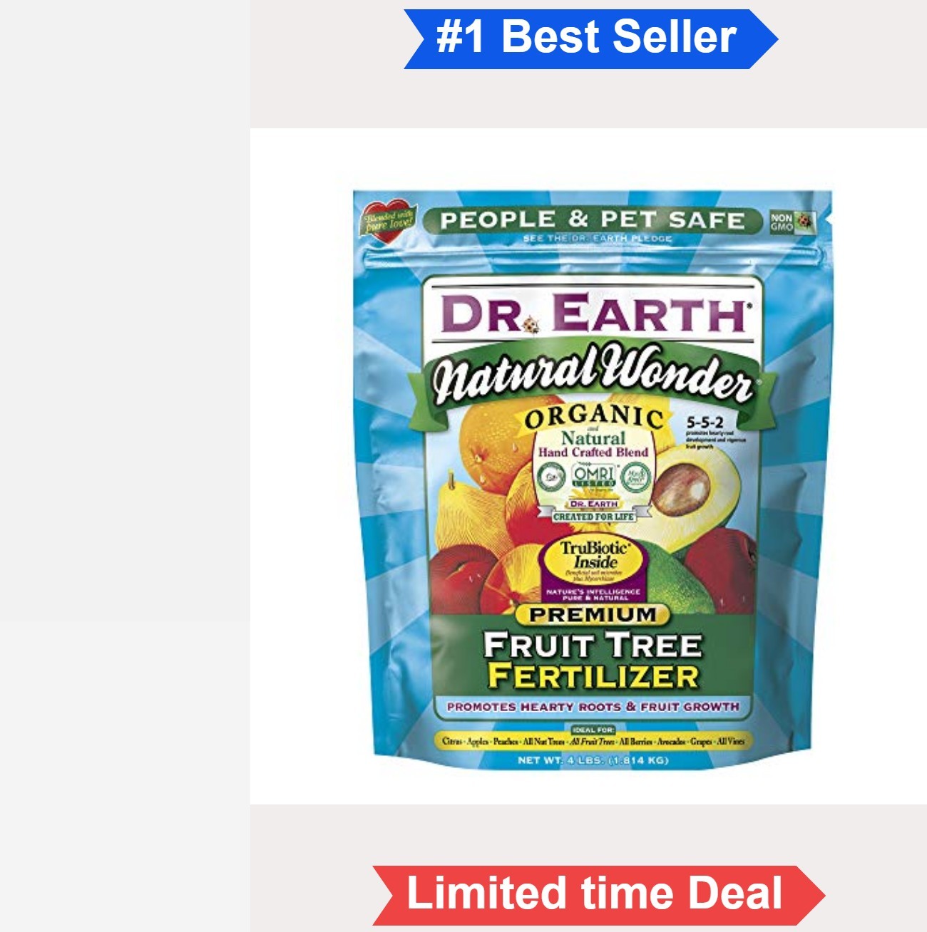 Fruit Tree Fertilizer 4 lb Organic Non-GMO People Pet Safe Feeds 60 Sq Ft