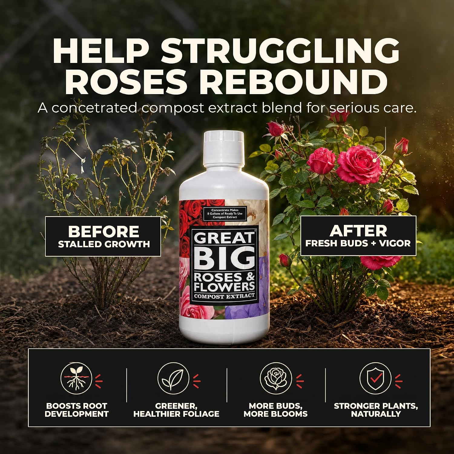 Great Big Roses and Flowers Liquid Fertilizer Booster – 70 Minerals, Compost Ext