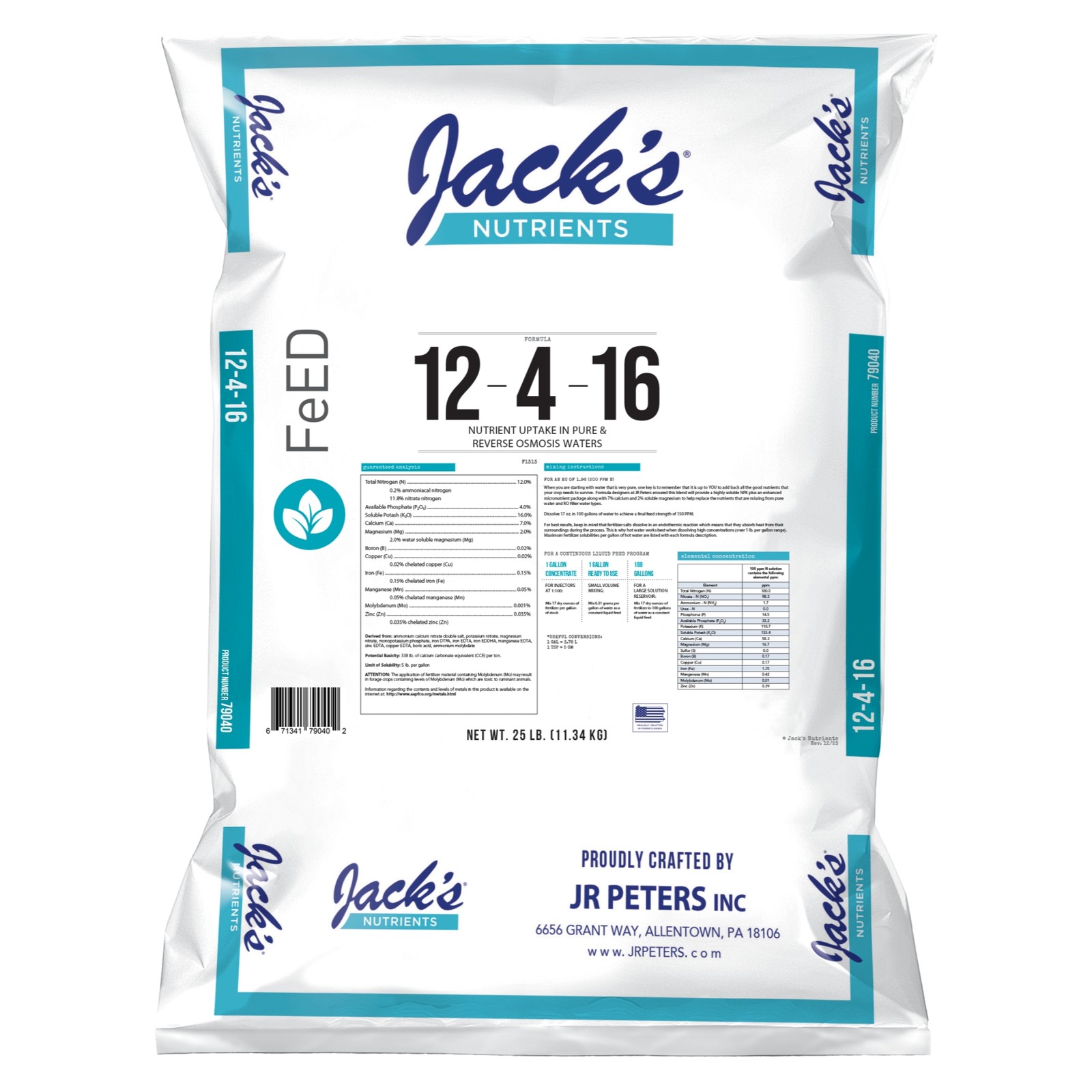 Jack’s Nutrients 12-4-16 Reverse Osmosis Water-Soluble Fertilizer, 25lbs