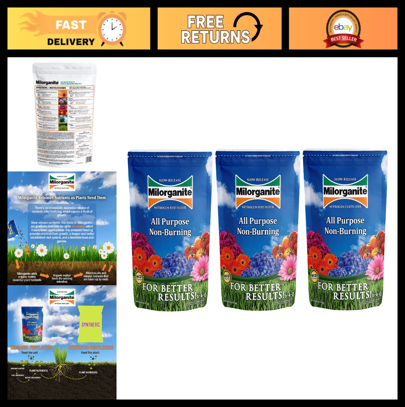 Eco-Friendly Slow-Release Nitrogen Fertilizer 6-4-0, 5 lb Bag (3 Pack) for Lawns