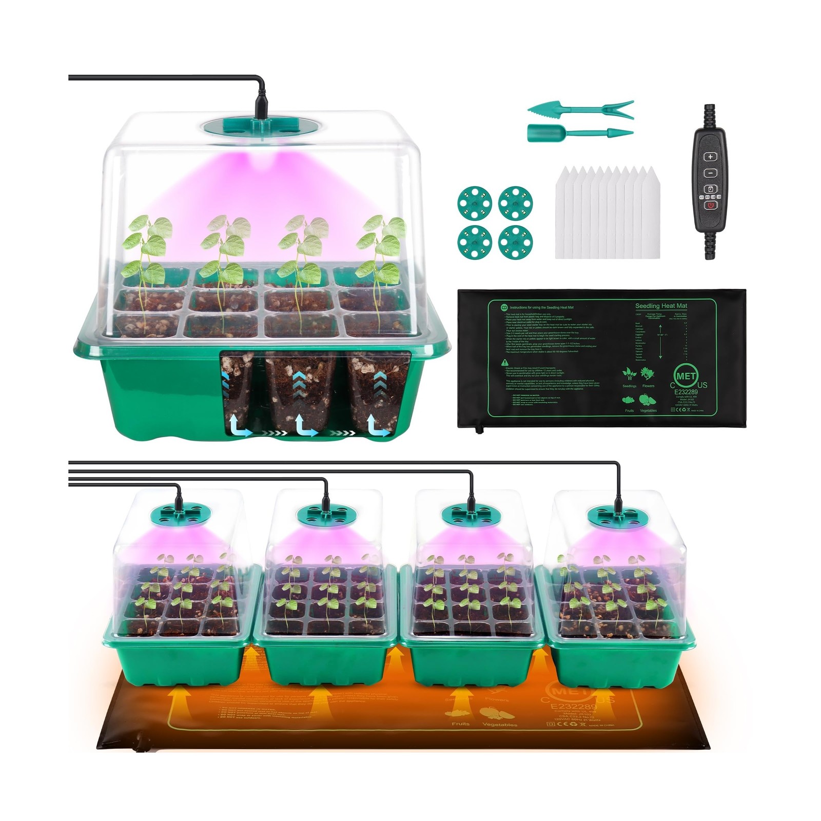 4-Pack Seed Starter Tray with Grow Light and Heat Mat, 48 Cells Seed Starter …