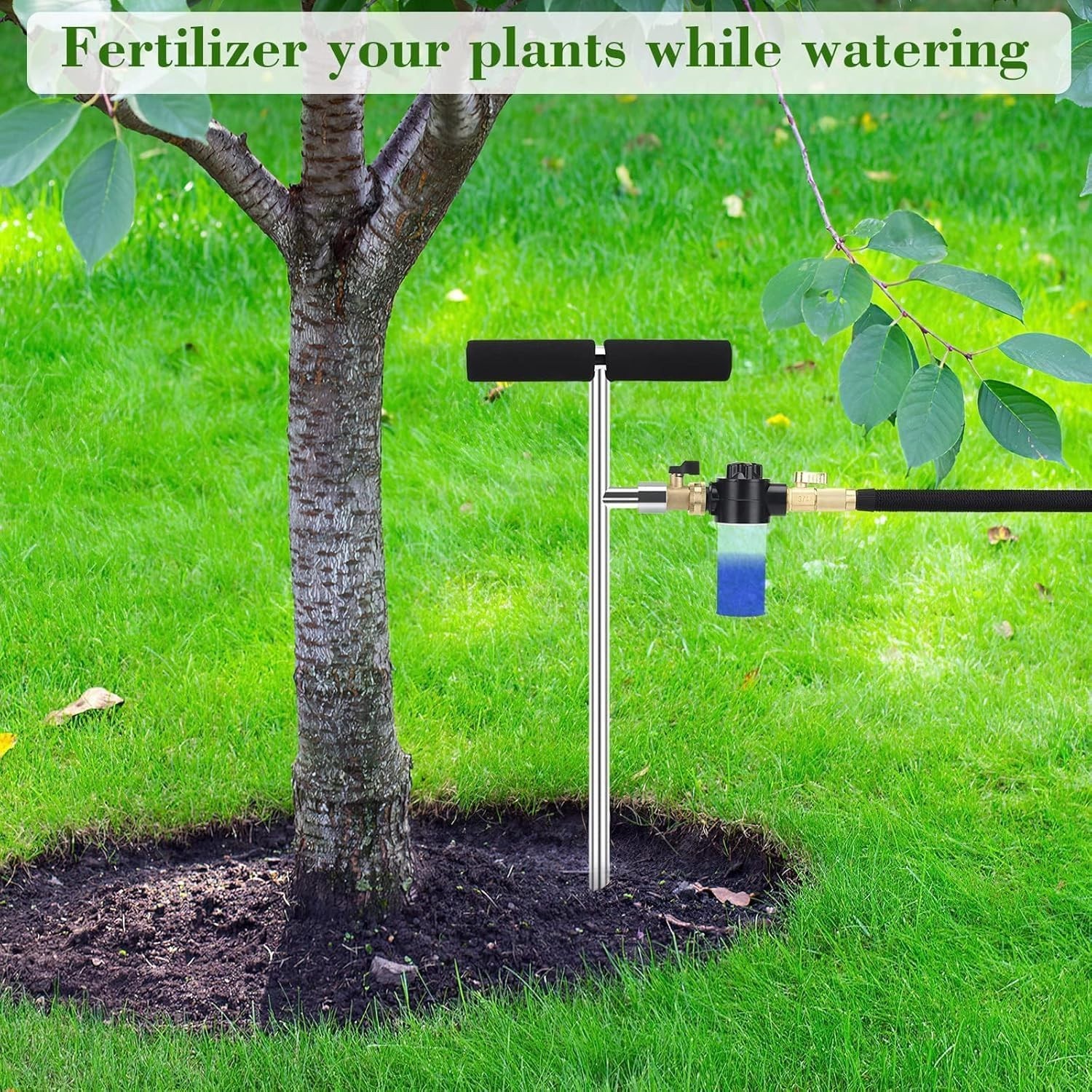 Deep Root Tree Watering Spike with Fertilizer Bottle, Stainless Steel, T-Handle