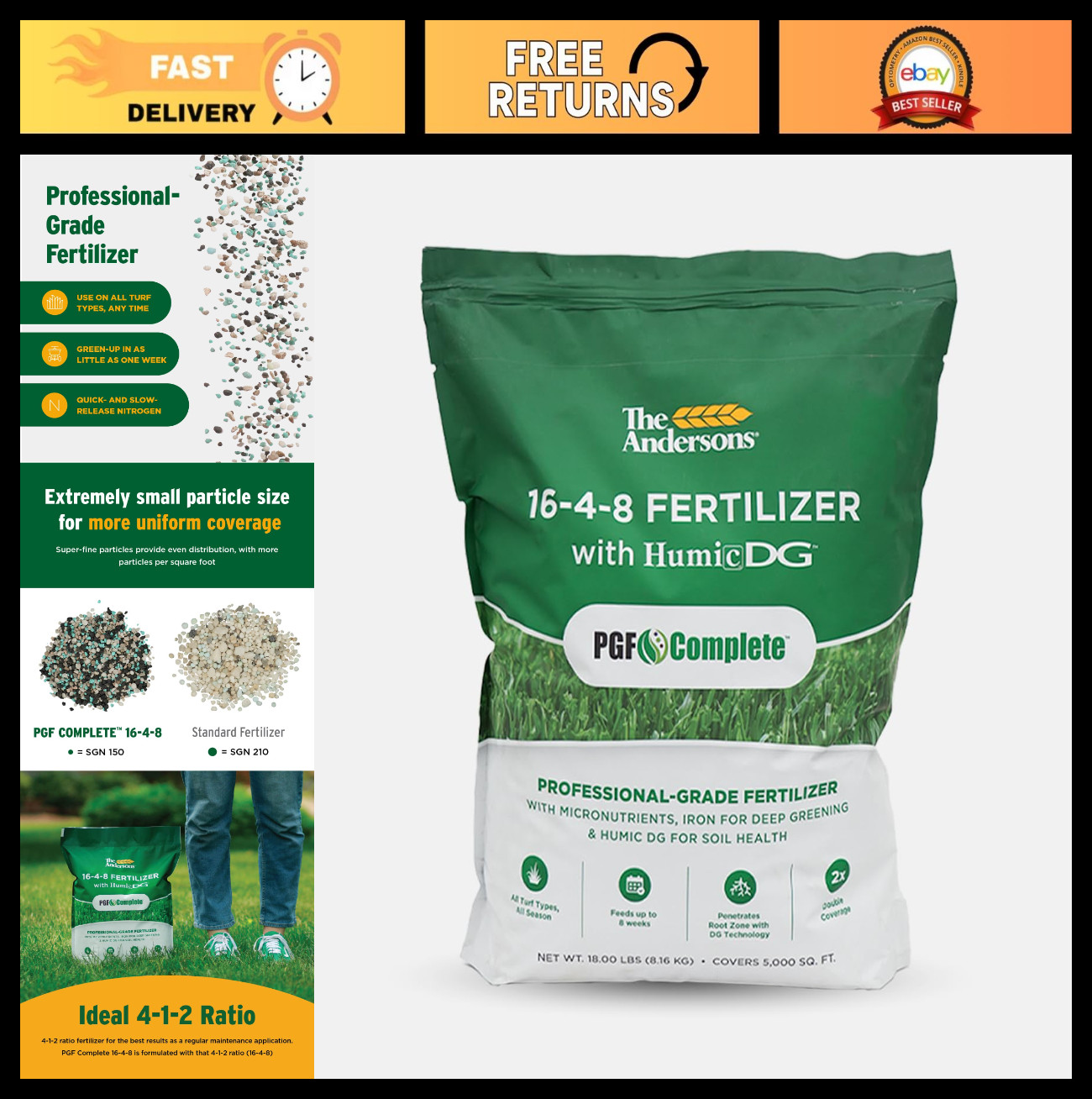 Professional 16-4-8 Fertilizer with 7% Humic DG for Lawns & Gardens – 5,000 sq f