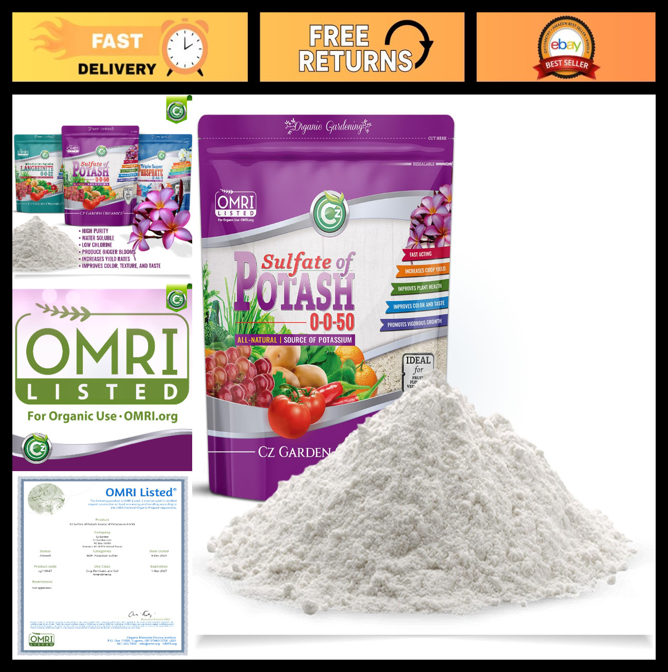 Organic Potassium Fertilizer 0-0-50, Water Soluble, OMRI Listed, 3LB for Plants