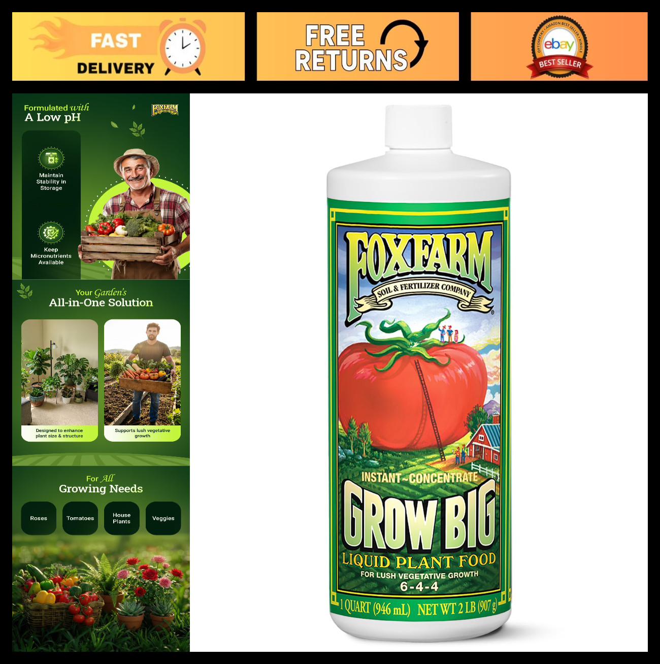 Liquid Plant Fertilizer 6-4-4 for Houseplants, Roses & Veggies – Quart Concentra