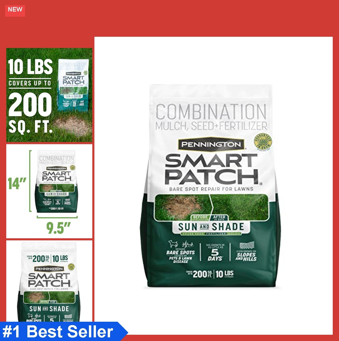 Lawn Grass Seed Sun and Shade Mix 10 LB Smart Patch Fertilizer Mulch Repair