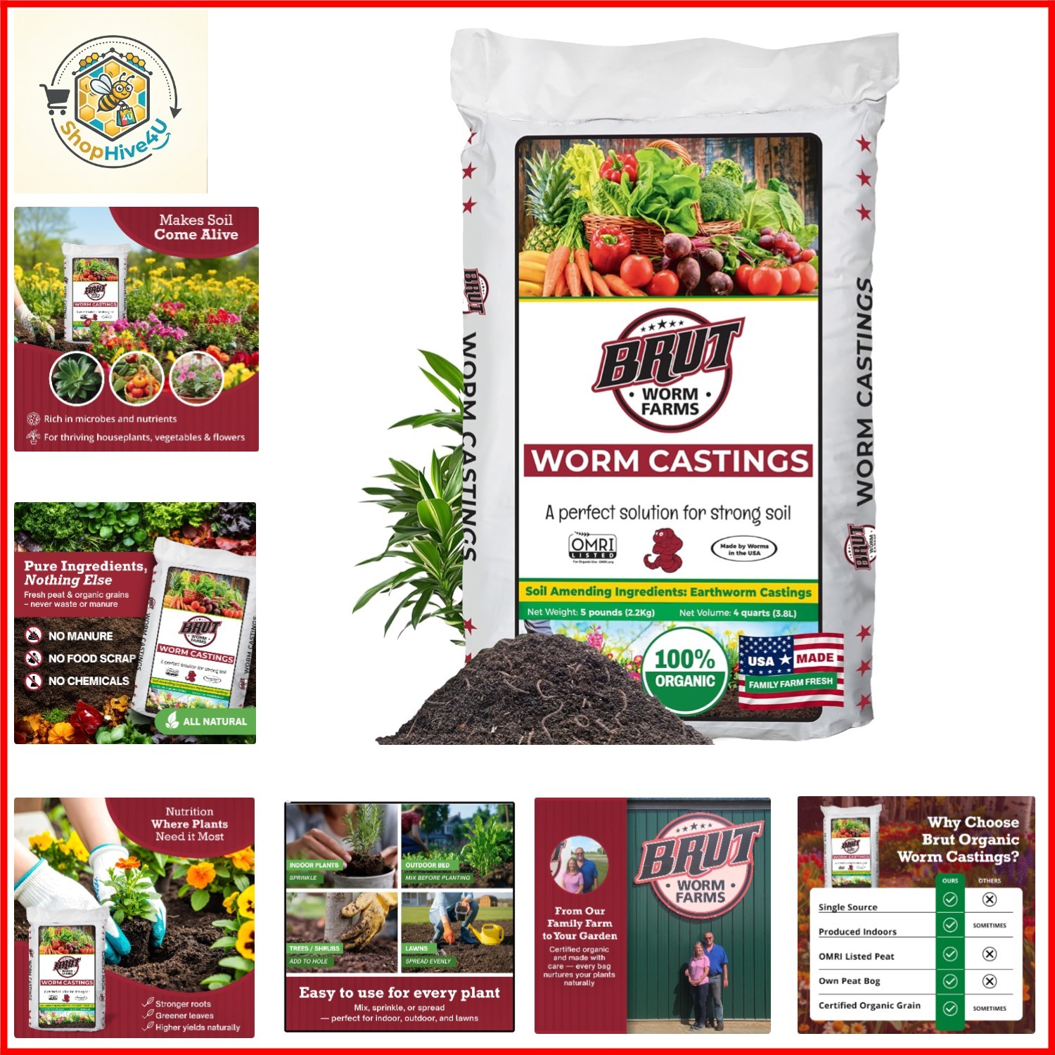 Brut Organic Worm Castings for Plants 5 LB – Natural Nutrients, Fertility Bui…
