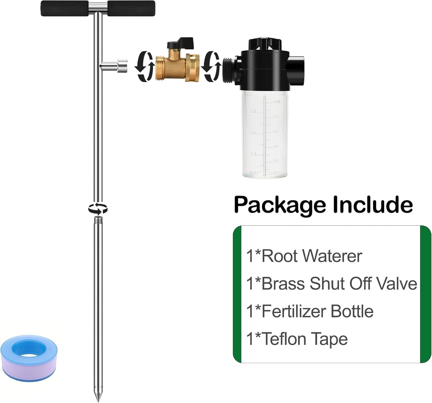 Deep Root Tree Watering Spike with Fertilizer Bottle, Stainless Steel, T-Handle