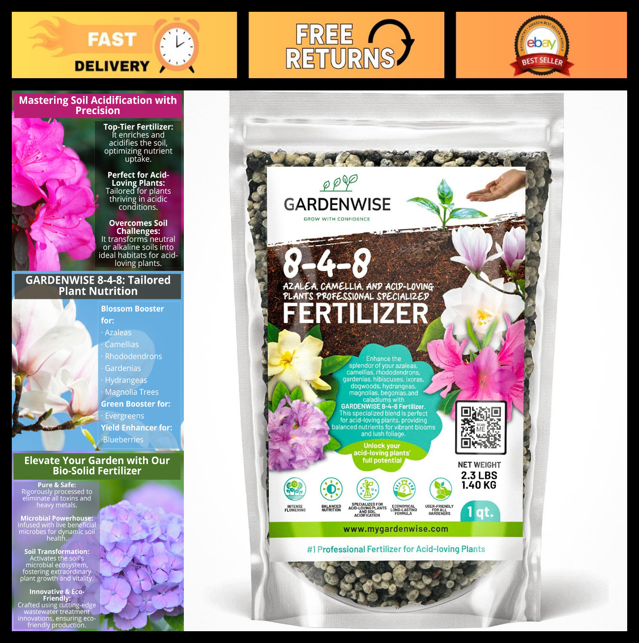 Acidic Fertilizer 8-4-8 for Azaleas, Hydrangeas, Blueberries, Gardenias – Iron-R