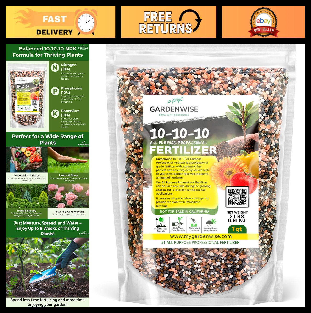 All-Purpose 10-10-10 Slow Release Granular Fertilizer for Vegetables, Flowers &
