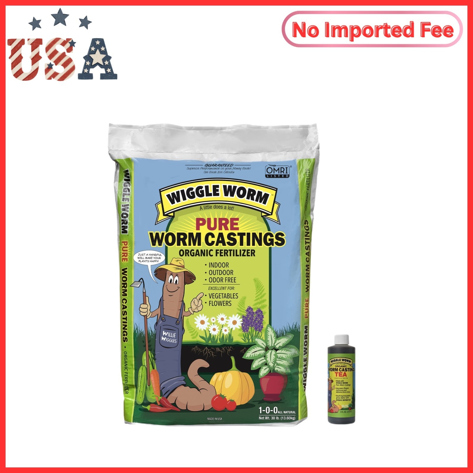 Wiggle Worm Fertilizer – 30LB Pure Worm Castings & 8 Ounce Bottle Of Casting Tea