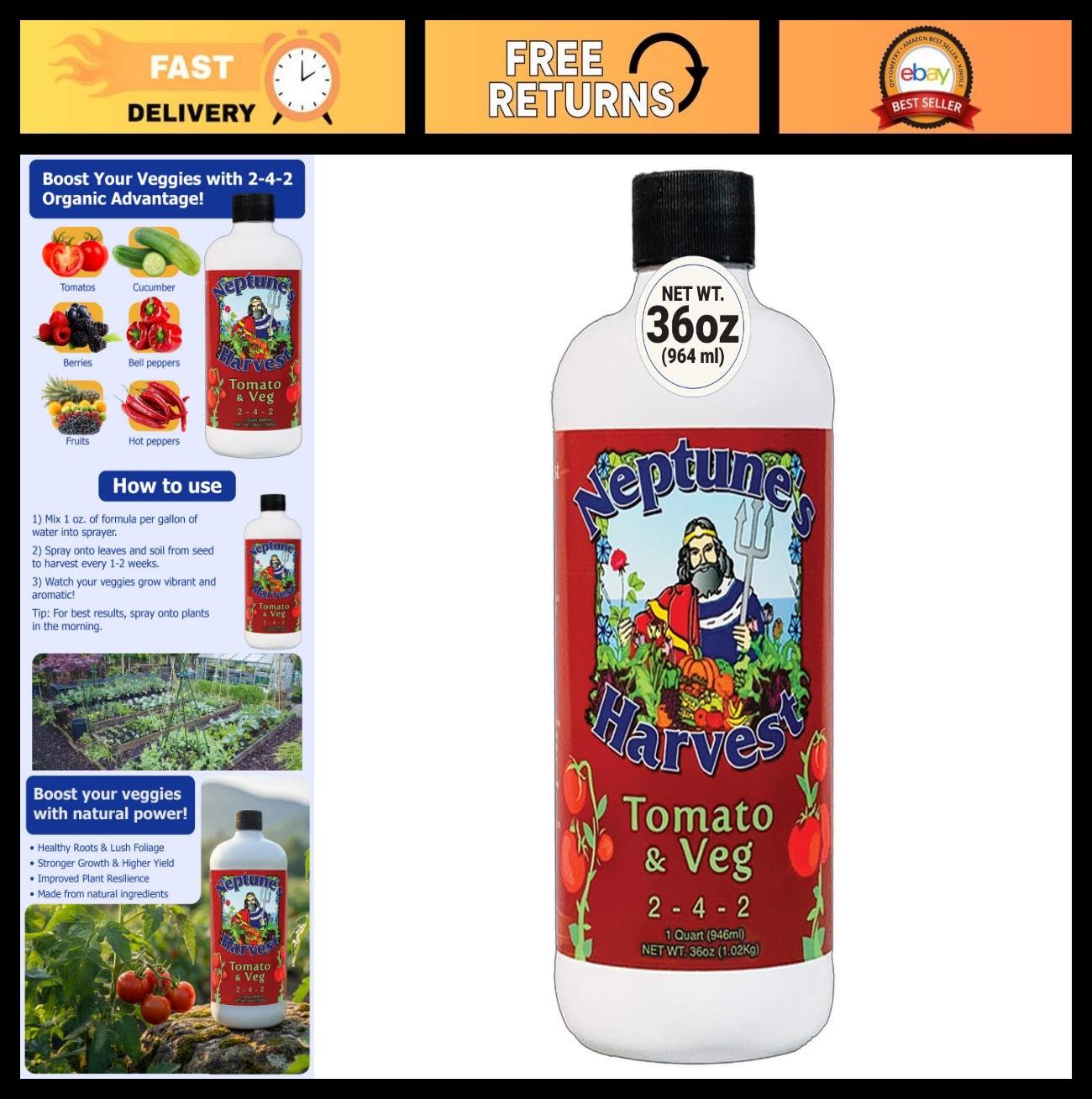 Organic Tomato & Vegetable Fertilizer 2-4-2 Liquid Plant Food – Fish, Seaweed, M