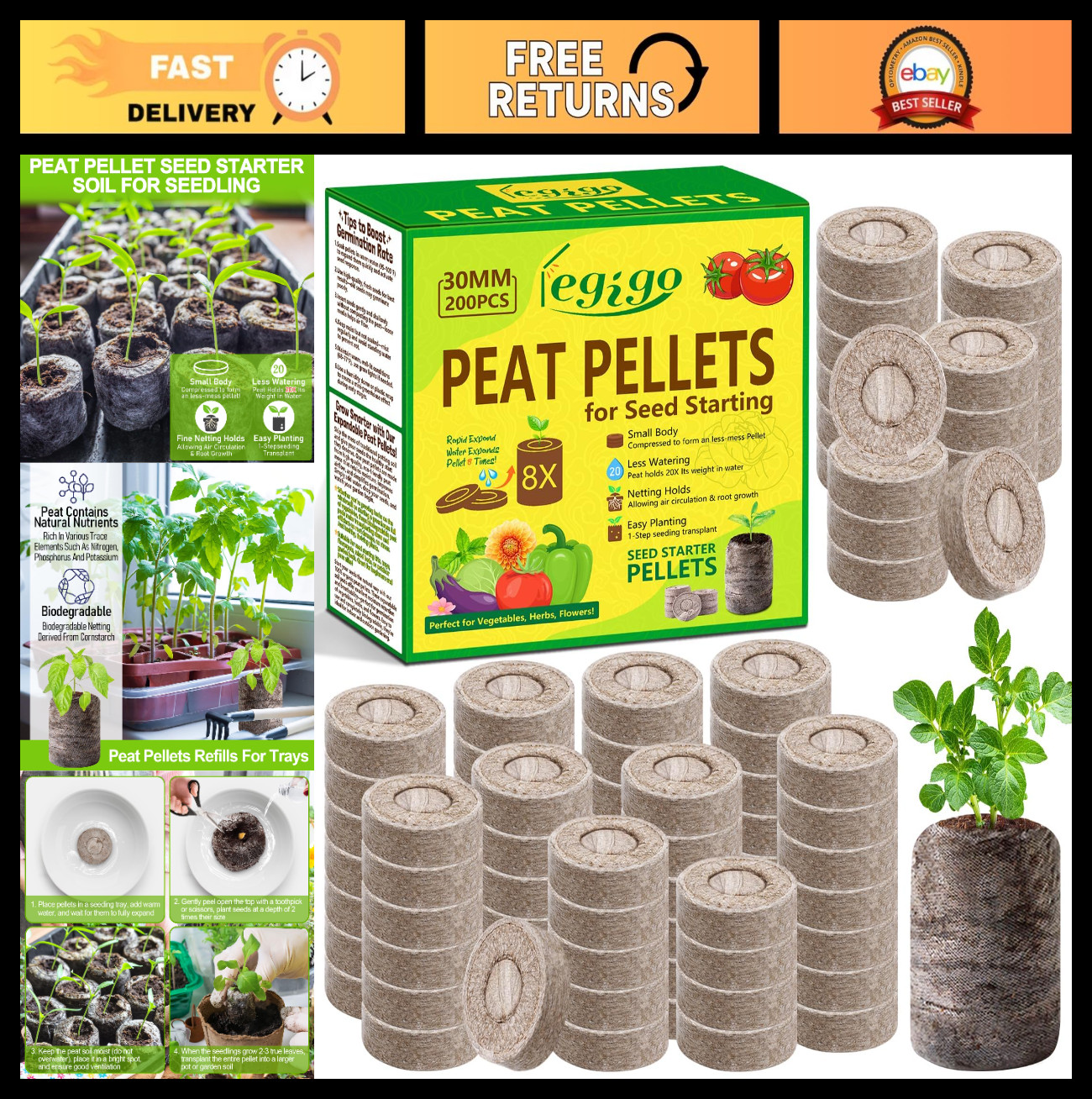 200 Pcs 30mm Seed Starter Peat Pellets Pods for Vegetables, Herbs & Flowers