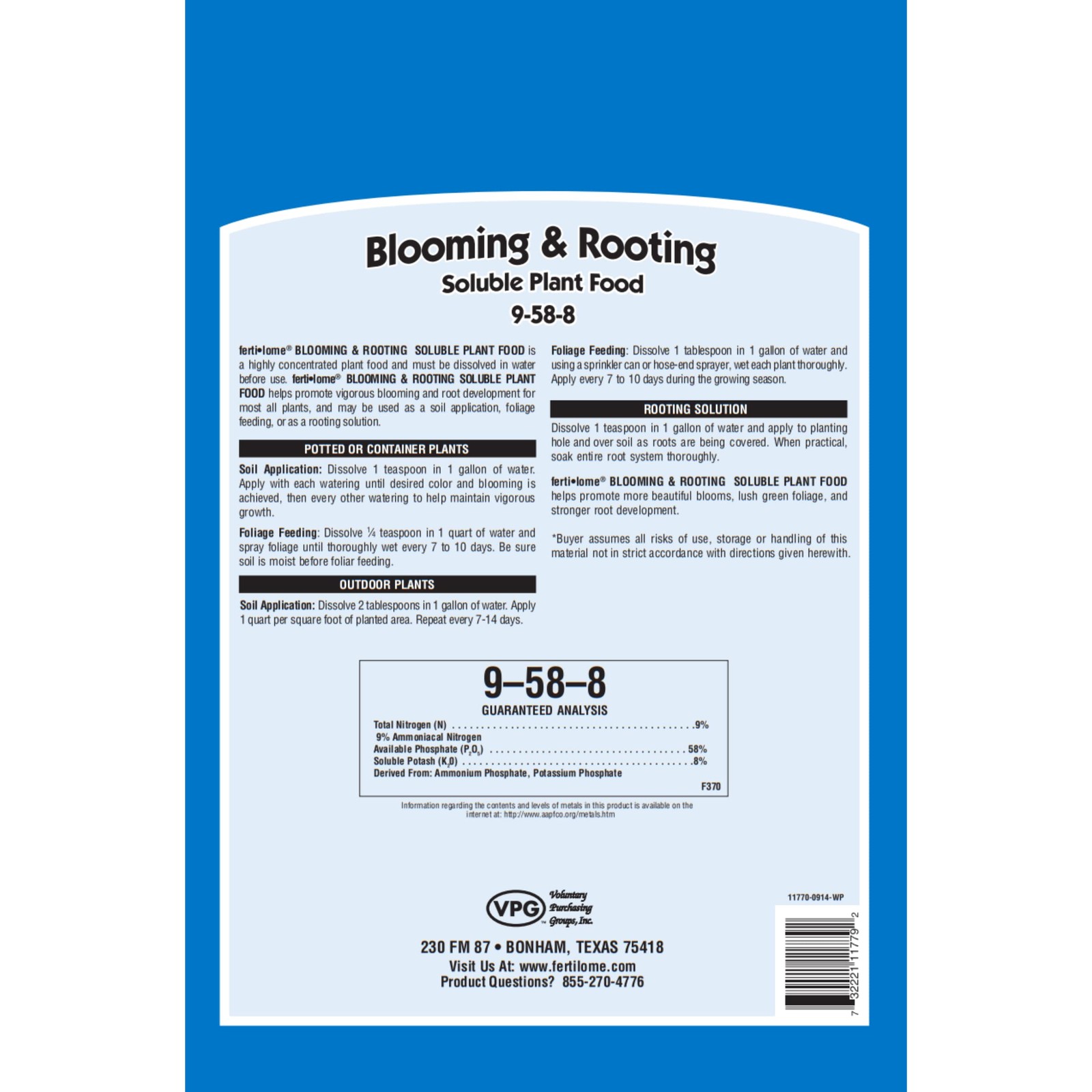 Fertilome (11772) Blooming & Rooting Soluble Plant Food 9-58-8 3 lbs., Blue