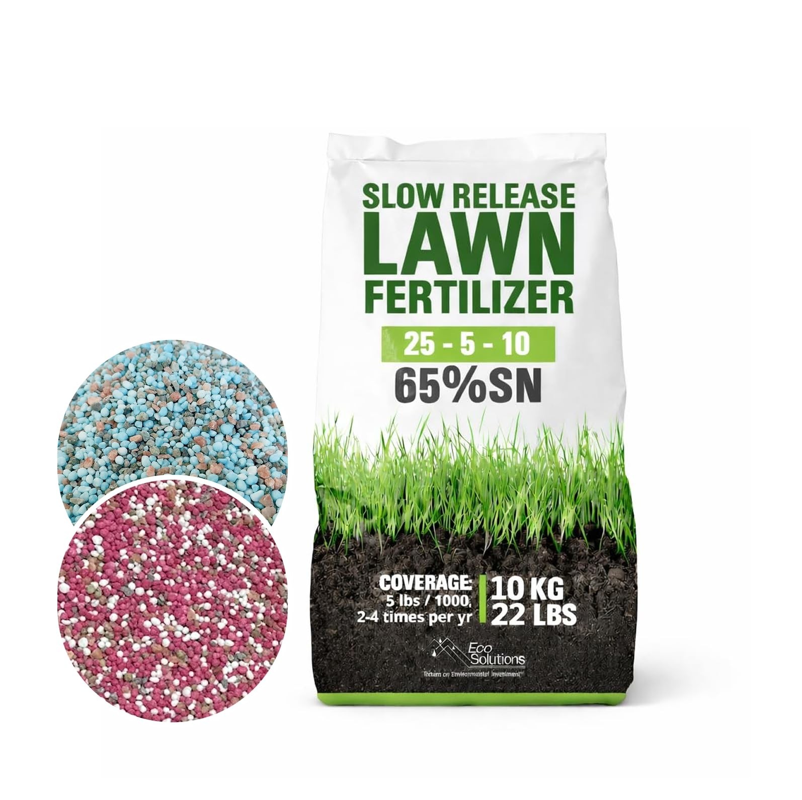 Slow Release Lawn Fertilizer 25-5-10 NPK – 65% Granular Nitrogen for 110 Days –