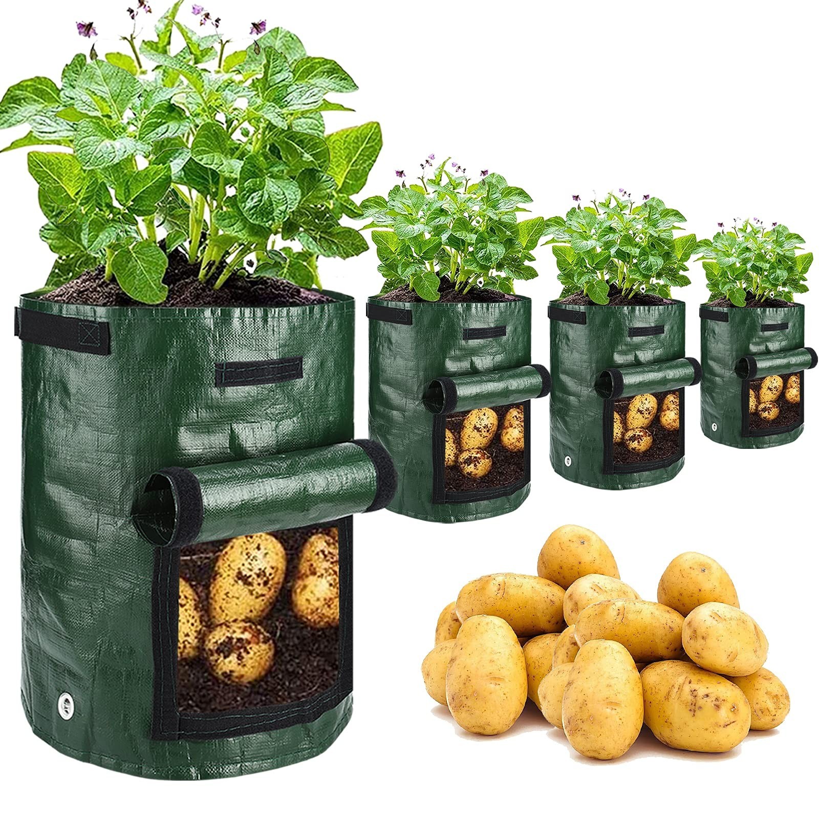 JJGoo Potato Grow Bags, 4 Pack 10 Gallon with Flap and Handles Planter Pots f…