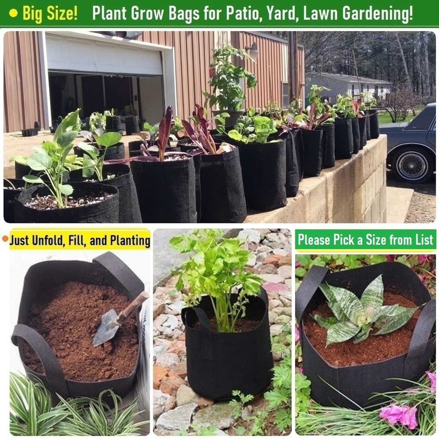 3-Pack 50 Gallon Thickened Plant Grow Bags Large (30×16 in) Heavy Duty Fabric…