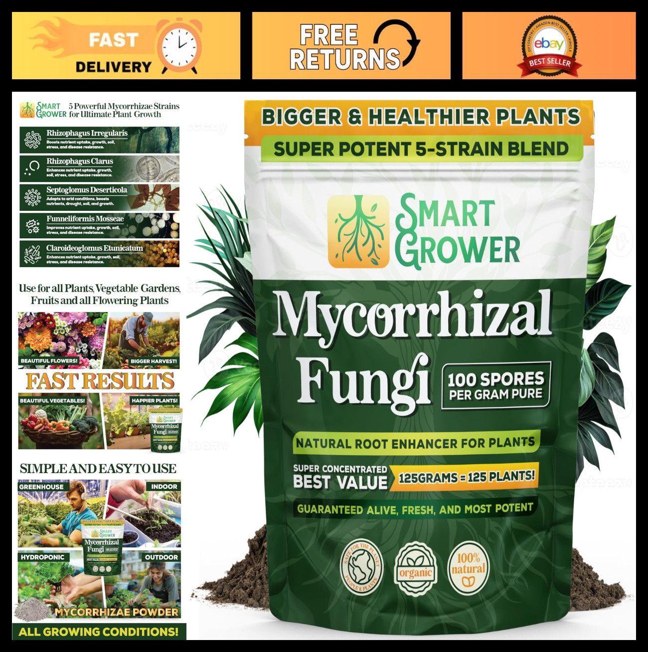 Organic Mycorrhizal Fungi Root Enhancer – 100 Spores/g, 5 Strain Blend, 125g for