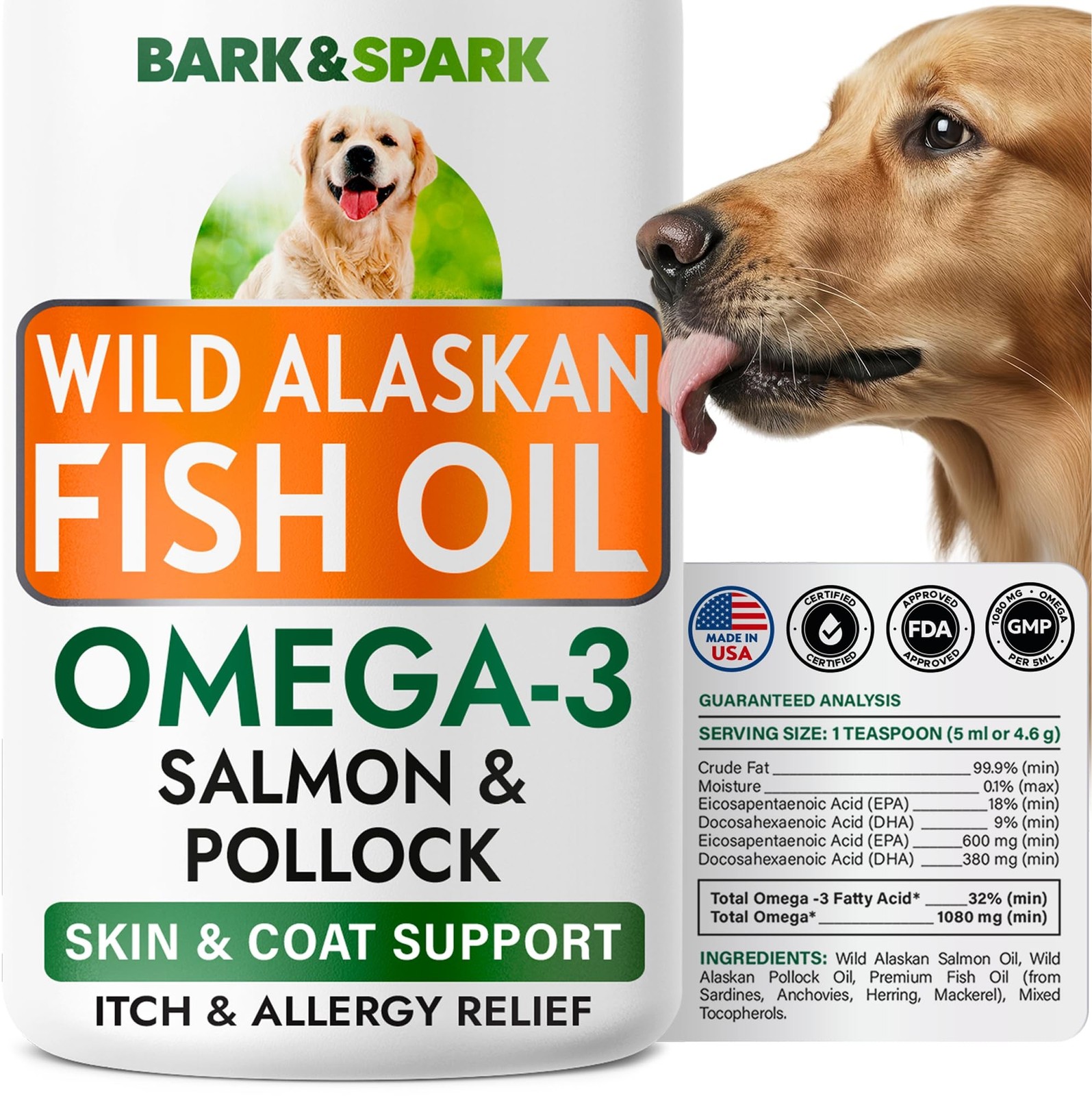 Bark&Spark Fish Oil for Dogs – Natural Omega-3 – Skin & Coat Support – Liquid…