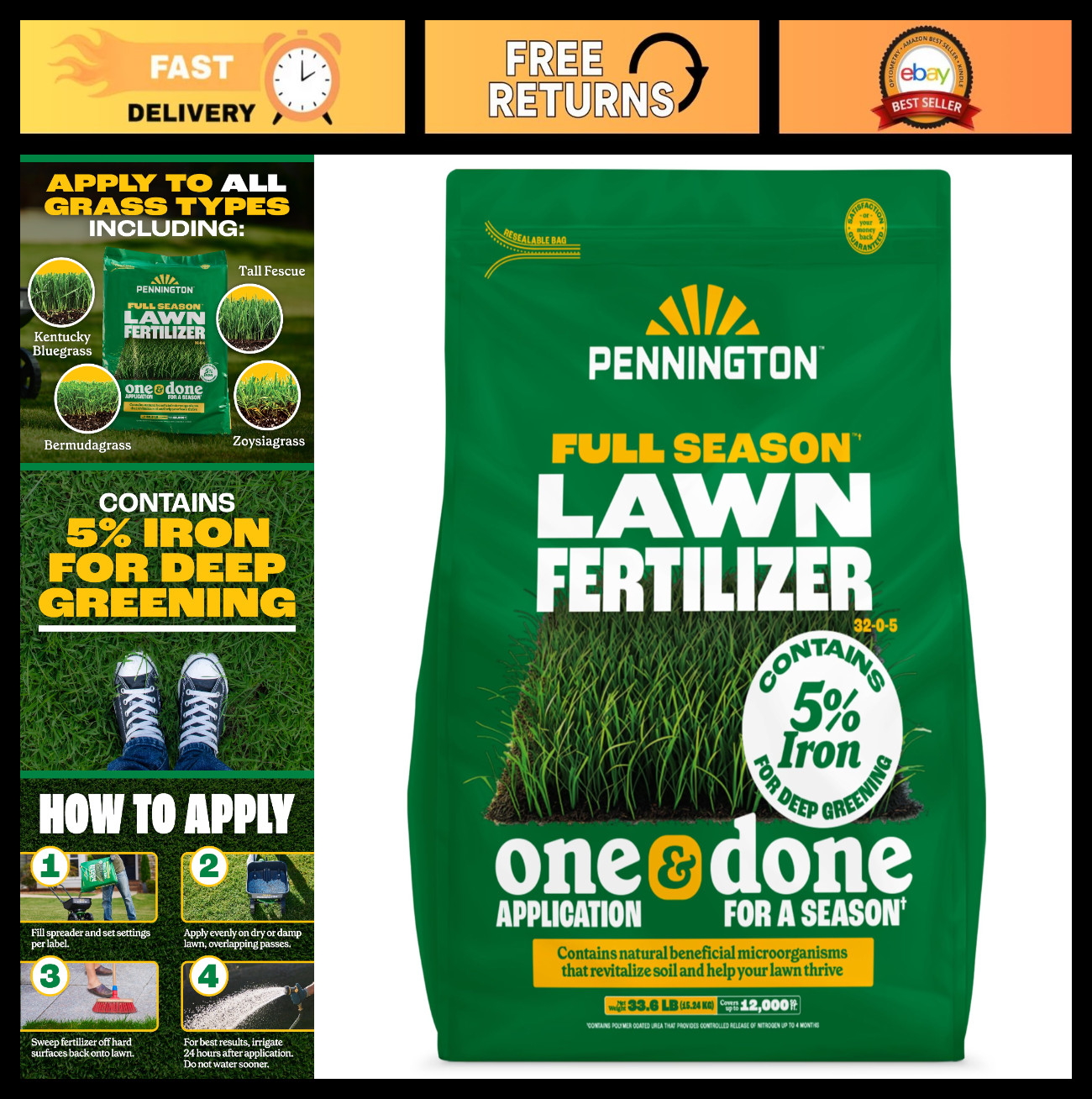 Full Season Lawn Fertilizer 32-0-5, 35/33.6LB, 12 Month Growth, Green Grass