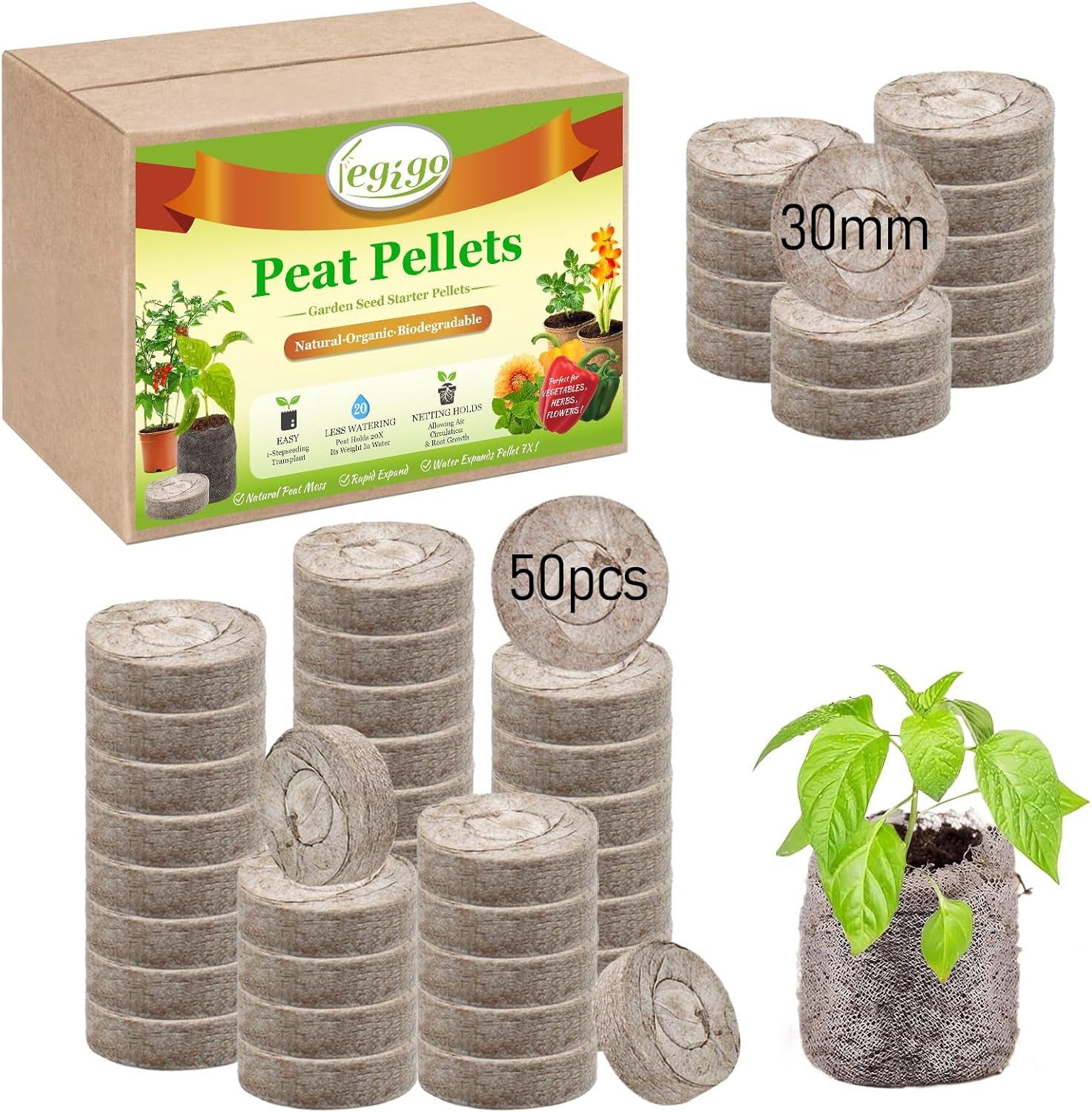 50 Pcs 30Mm Seed Starter Peat Pellets Pods for Seedlings- Compressed Seed Starti
