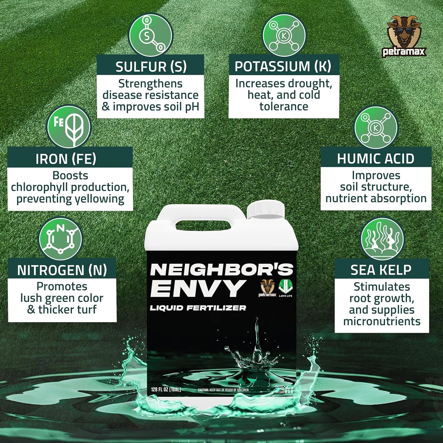 Neighbor’s Envy 7-in-1 Liquid Fertilizer – Covers 16,000 sq.ft, Deep Green Turf