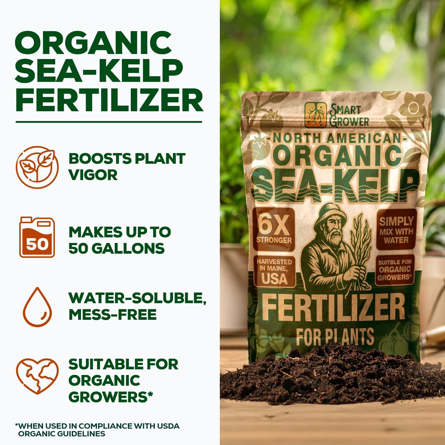 Organic Sea Kelp Fertilizer for Plants – Water-Soluble – Makes 50 2 Ounces