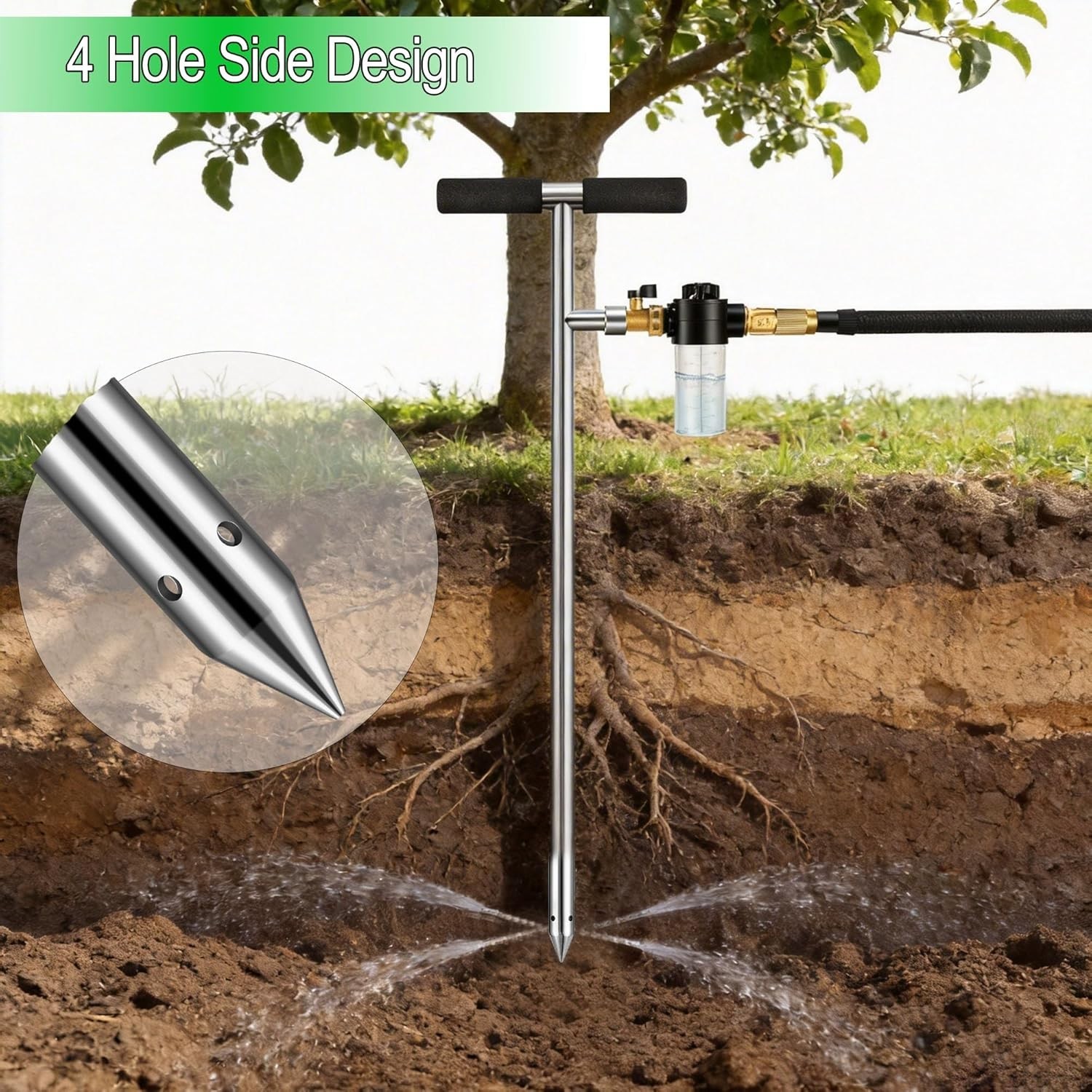 Deep Root Tree Watering Spike with Fertilizer Bottle, Stainless Steel, T-Handle
