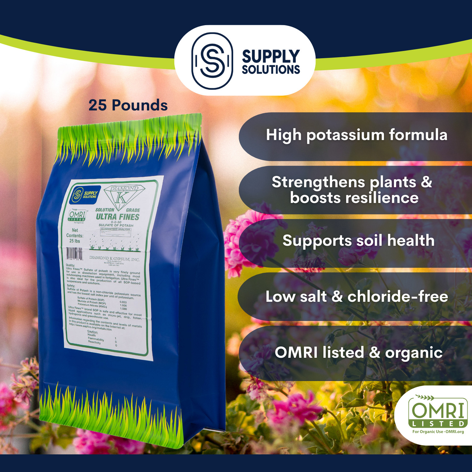 0-0-50 Sulfate of Potash – Organic Potash Fertilizer, Ideal for Gardens – 25 Lbs