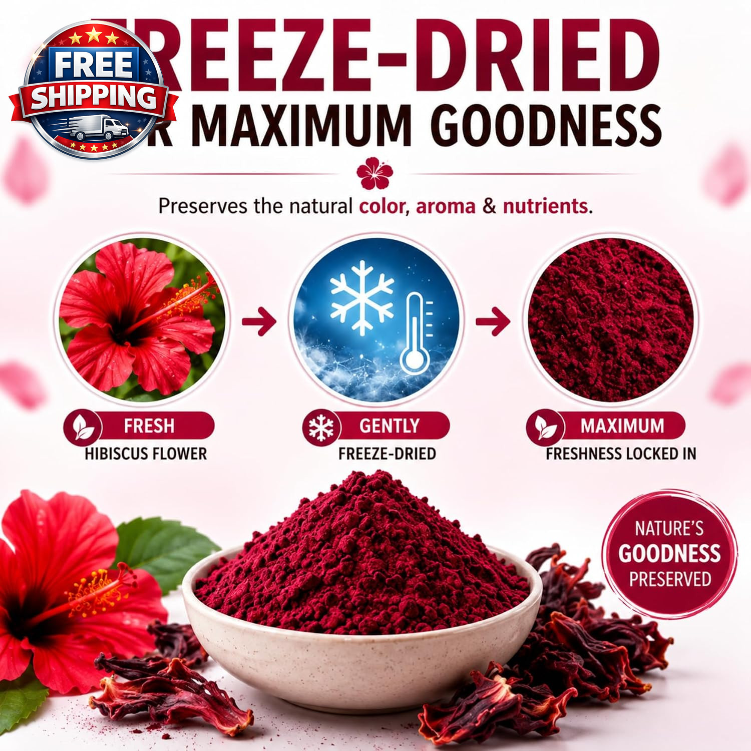 100% Pure Hibiscus Powder – Food Grade Freeze-Dried Superfine Hibiscus Flower Po