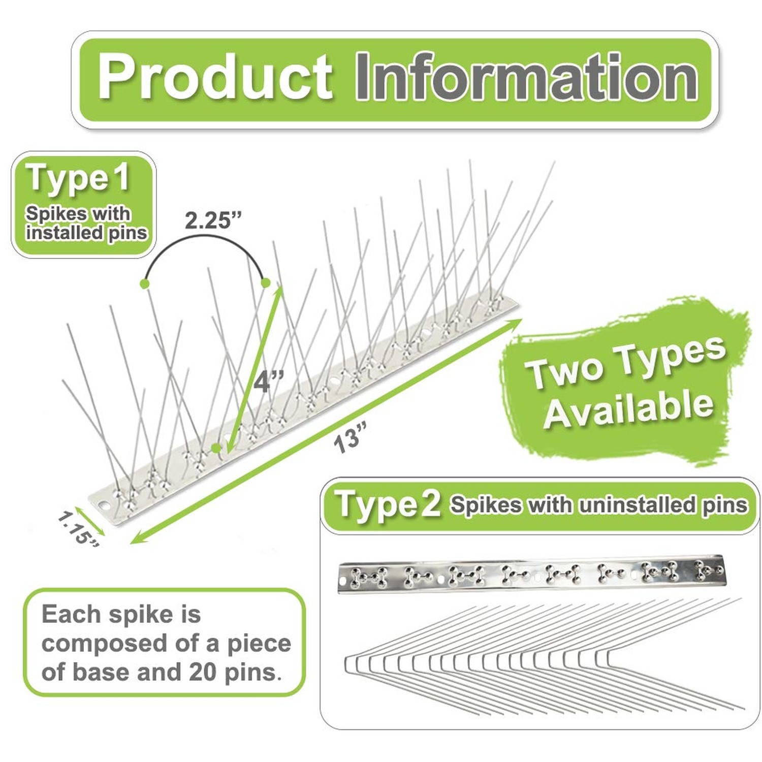 Bird Spikes Stainless Steel 60ft Coverage 56 Pack for Pigeons Small Birds Out…