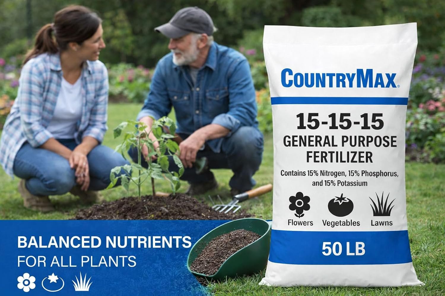 15-15-15 All Purpose Fertilizer, 50 Lb Bag, Balanced Nutrition for Flowers & Veg