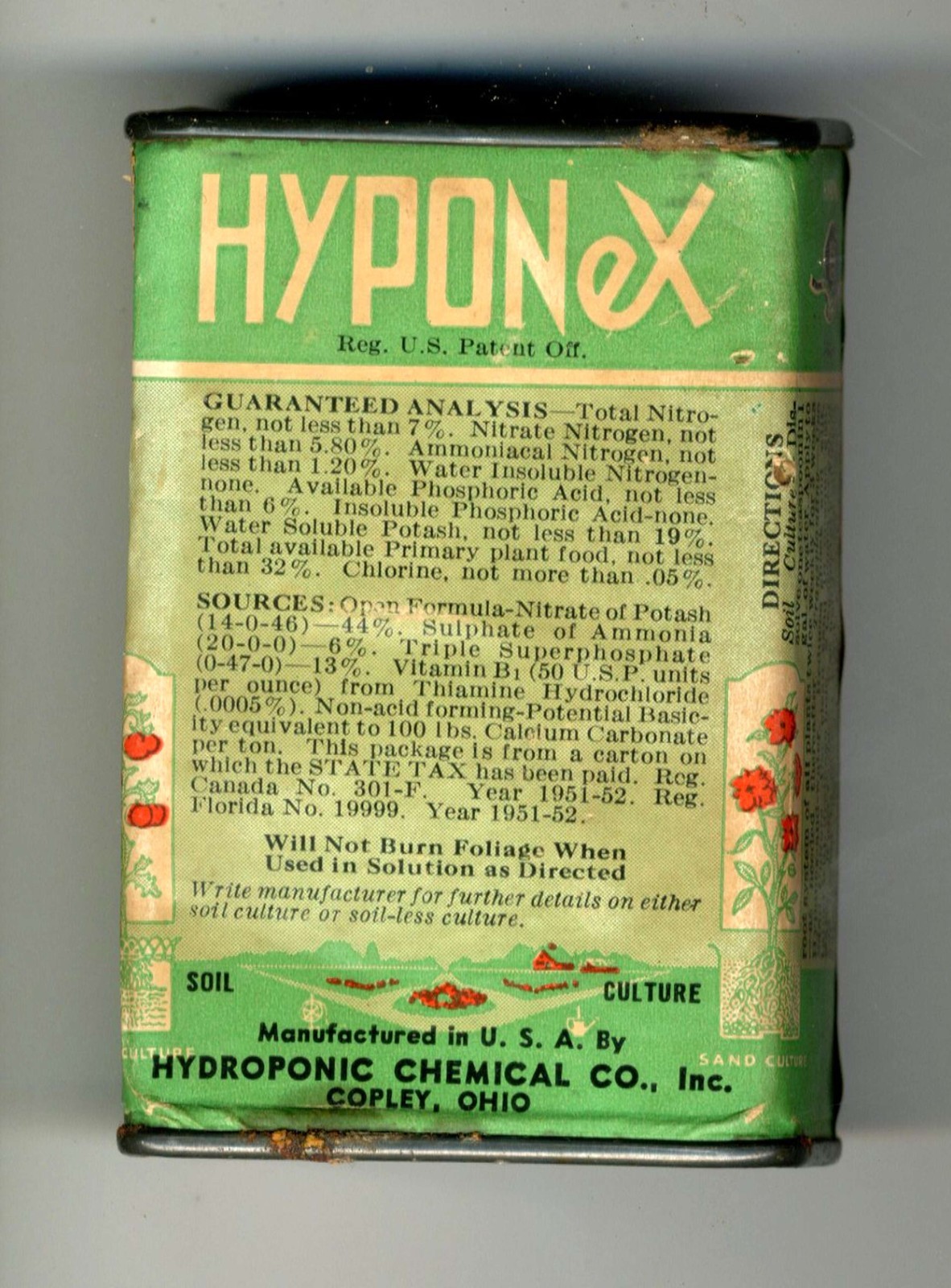 Hyponex Plant Food – Missouri Agricultural Experiment Station Stamp 1952 – Tin