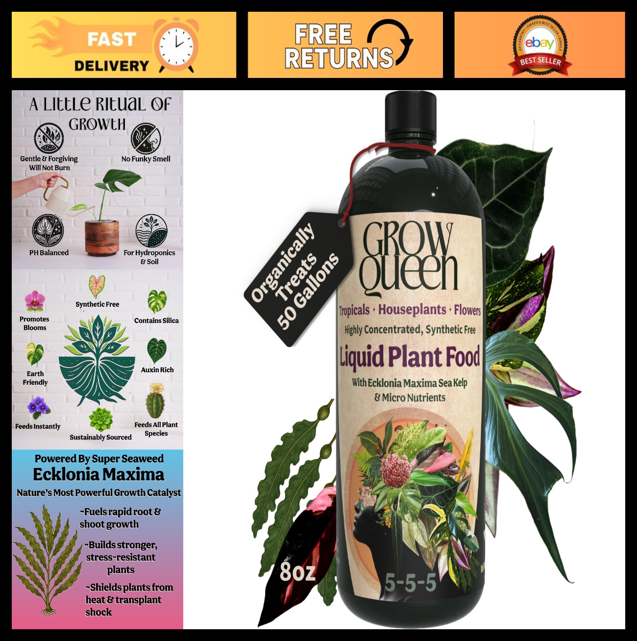 Organic Liquid Fertilizer for Indoor Plants – All-Purpose 5-5-5 with Sea Kelp, 8