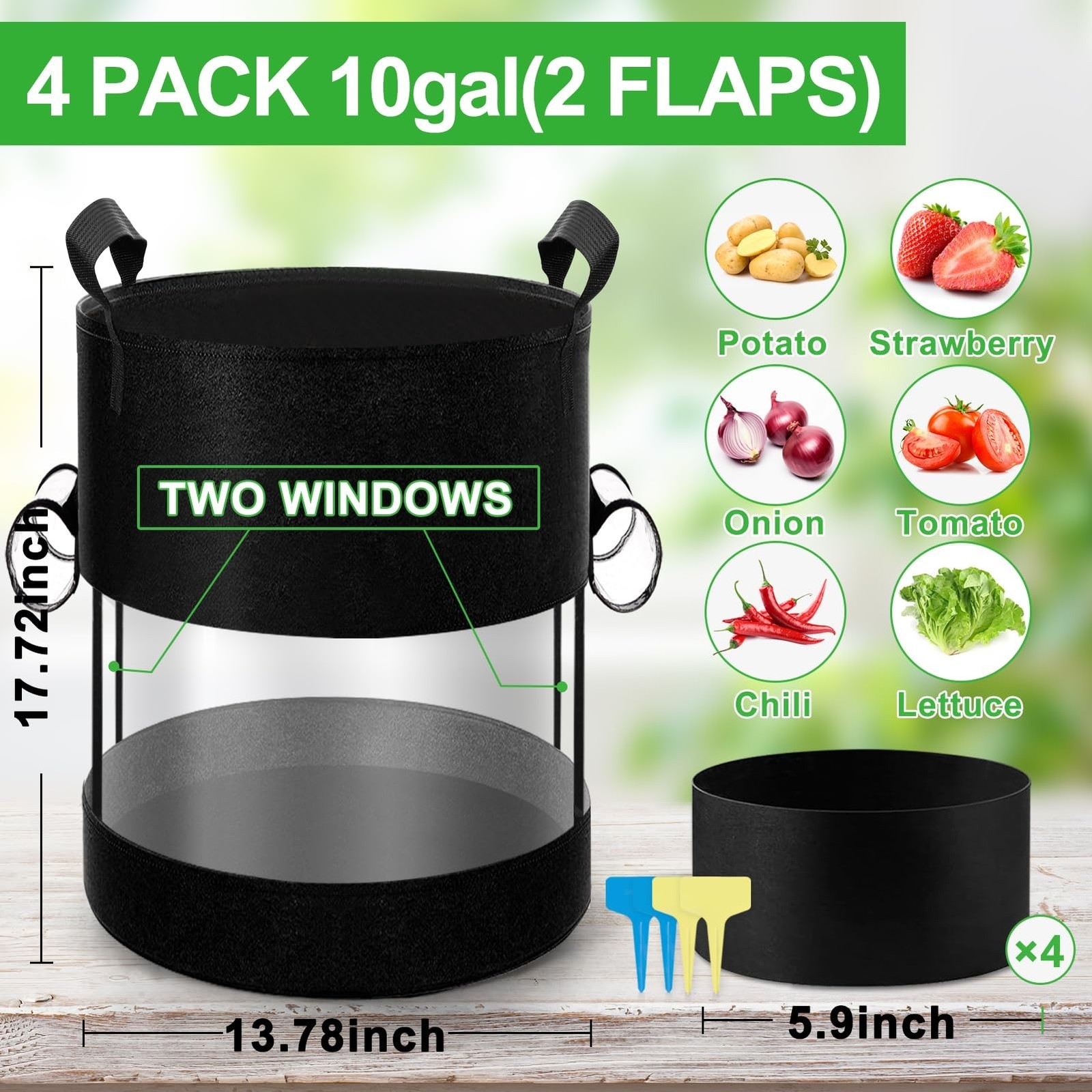4 Pack 10 Gallon 360°Visible Potato Grow Bags,Heavy Duty Thickened Nonwoven