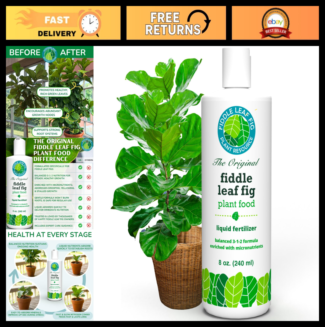 Fiddle Leaf Fig Liquid Fertilizer 3-1-2 NPK Plant Food for Ficus – 8 oz