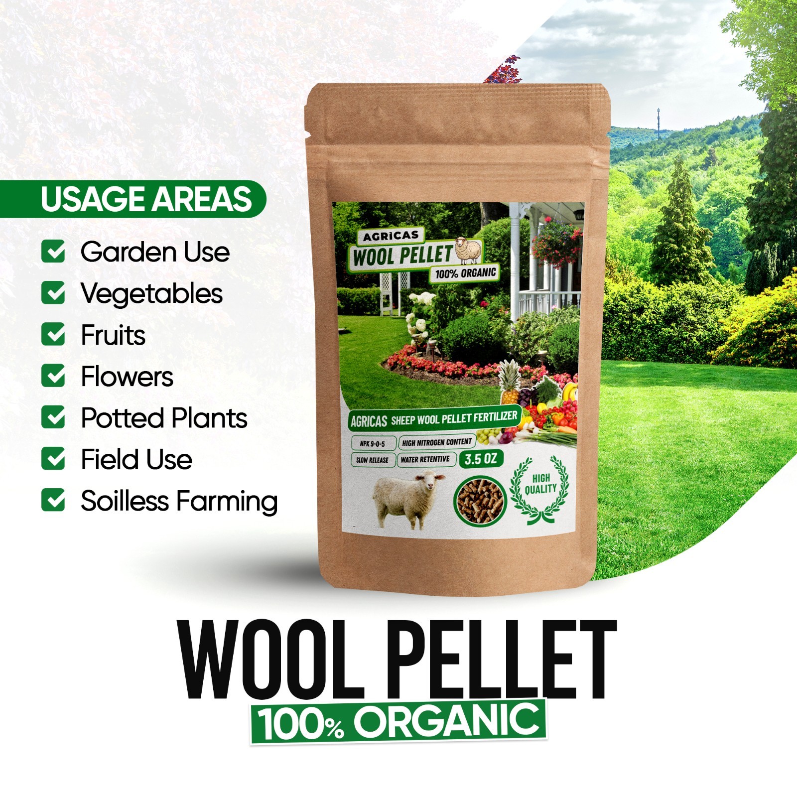 AGRICAS Wool Pellet Organic Fertilizer 3.5 oz – Sheep Wool, Indoor/Outdoor Use