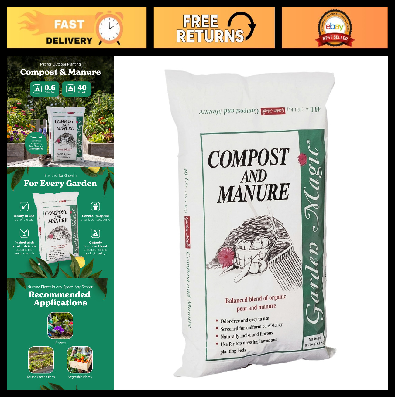 Odor-Free Compost & Manure Blend – 40 Lbs Garden Magic Mix for Soil & Plants