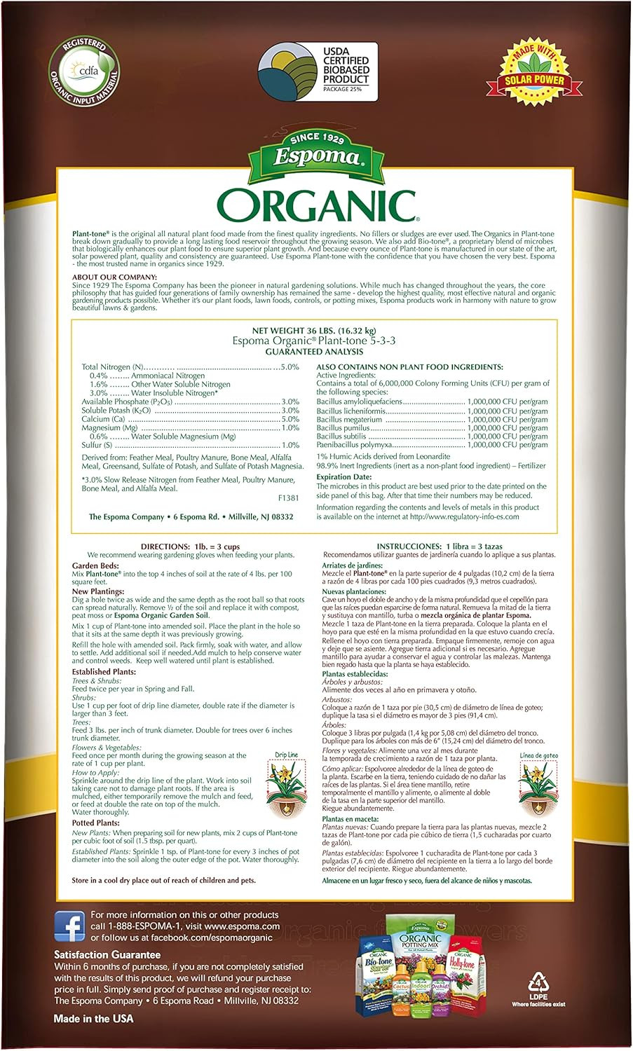 Espoma Organic Plant-Tone 5-3-3 Natural & Organic All Purpose Plant Food; 36 Lb